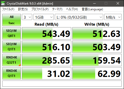 CrystalDiskMarkのスコア - マザーボードに接続